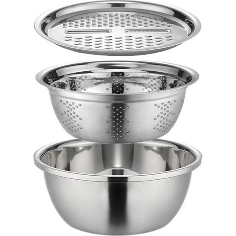 Ensemble de bols mélangeurs multifonctions en acier inoxydable avec passoire, râpe et récipient, essoreuse à salade, passoire à riz pour la cuisine, idéal pour égoutter les pâtes et légumes cuits (1/5)