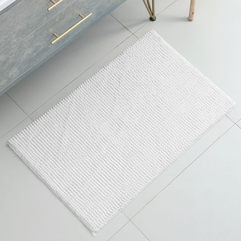 Tapis de bain 40 x 60 cm (blanc) antidérapant et absorbant pour douche, sortie de baignoire, toilettes et cuisine, en microfibre chenille. (1/5)