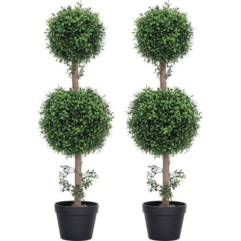 Décoration Sans Entretien Plante Artificielle Buis en Boule Lot de 2 avec Pot Anti-UV pour Extérieur Intérieur (1/5)