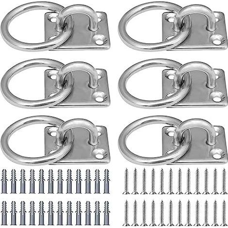 Lot de 6 plaques oculaires en Acier Inoxydable  Œillets carrés avec Anneau argenté Crochet de Plafond avec 24 vis et 24 Tubes d'expansion, pour Corde de Yoga et ha (1/5)