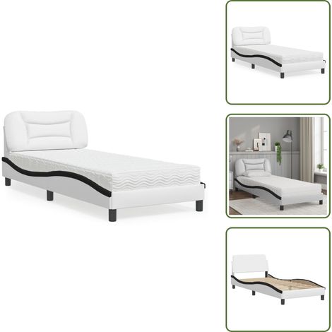 Lit avec matelas blanc et noir 90x200 cm similicuir - Lit Double - Lit Plateforme - Lit Design - Literie - Sommier Tapissier (1/5)