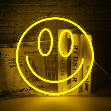 Panneau Néon LED Visage Souriant Jaune, Lumière Murale USB, Décor Chambre Enfant, Fête Mariage, Décoration Murale (1/3)