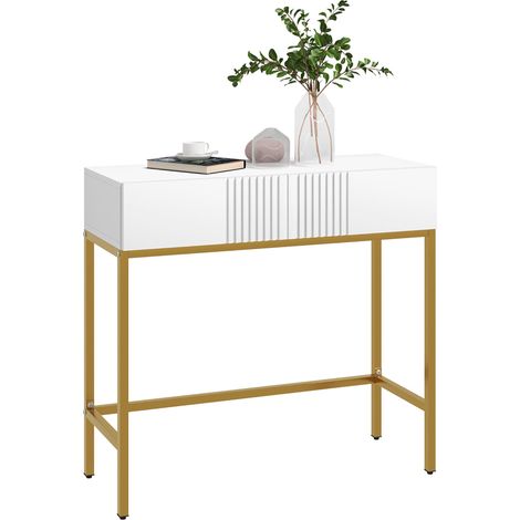 Console d'entrée avec 2 tiroirs et pieds en acier anti-basculement, meuble de couloir ou d'entrée pour salon, 80 x 31,5 x 75 cm, blanche (1/5)
