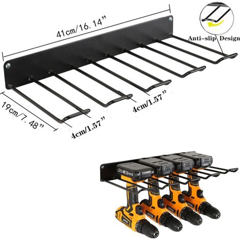 Support mural de rangement pour perceuse et tournevis électriques, support de rangement pour perceuse rechargeable, style art en fer (étagère simple). (1/5)