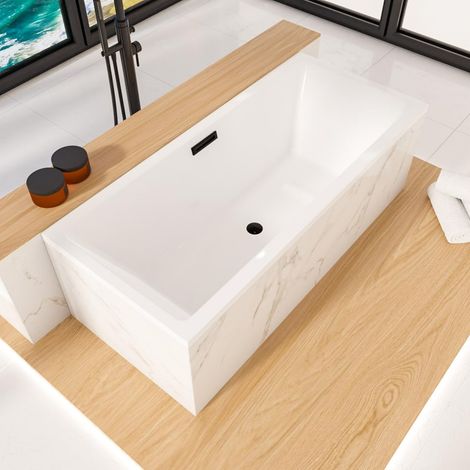 ECOLAM Badewanne Heaven Slim 160x75 cm  niedriger Rand moderne Wanne Rechteck Top QUALITÄT Acrylwanne I Ablauf Click Clack schwarz Füße Silikon Design (1/5)
