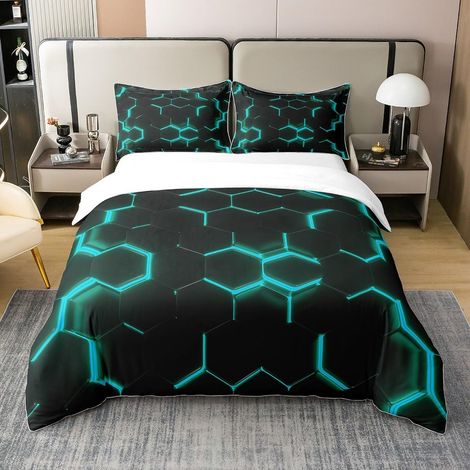 Cyan et Noir imprimé 100% Coton Housse de Couette 140x200cm Hexagonal Parure de lit Enfants Garçons Adolescents nid d'abeille Minimaliste Géométrique Ensemble de Literie Set de deuxs - 140 x 200 cm +  (1/5)