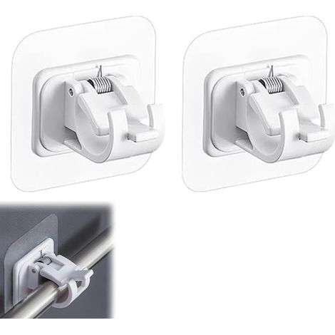 Tringle à rideaux télescopique blanche non perforée pour meuble de rangement de cuisine et de salle de bain, avec support à crochets et clips. (1/5)