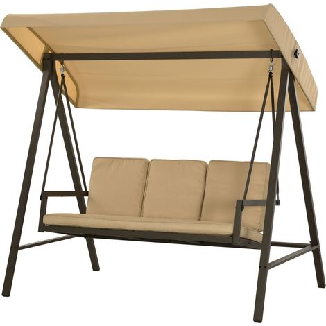 Hollywoodschaukel 3-Sitzer Schaukelbank Mit Verstellbarem Dach, Schwingbank Mit Rückenkissen, Gartenschaukel Bis 360 Kg Belastbar, Beige