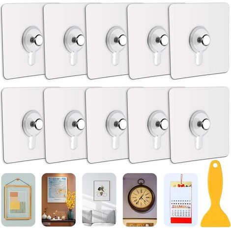 Lot de 10 Adhesif Accroche Tableau Sans Percer, Attache Cadre Adhésif Crochets pour Accroche Cadres Photo, Art Mural, Décoratives, Sans Trou(Transparent) (1/4)