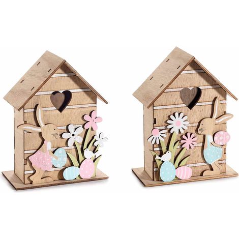 Maisonnettes de Pâques décoratives en bois avec lapin, fleurs et cœur ajouré, lot de 6, 12 x 6,5 x H. 15,5 cm
