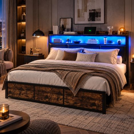 Lit 140x200 cm avec 4 tiroirs, lit double avec tête de lit rangement, lit adult avec led, cadre métal, sommier métal - industriel (1/5)