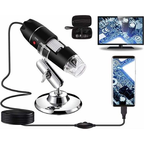 RHG Microscope numérique USB 40X à 1000X Caméra endoscope à grossissement 8 LED avec étui de transport et support en métal Compatible pour Android Windows 7 8 10