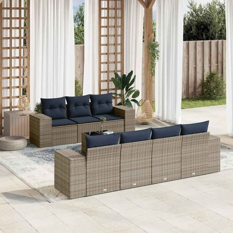 Salon de Jardin 8 pcs Ensemble Canapé Modulaire Résine Tressée Grise Coussins Bleu Marine, 72kg - PANGIVO (1/5)