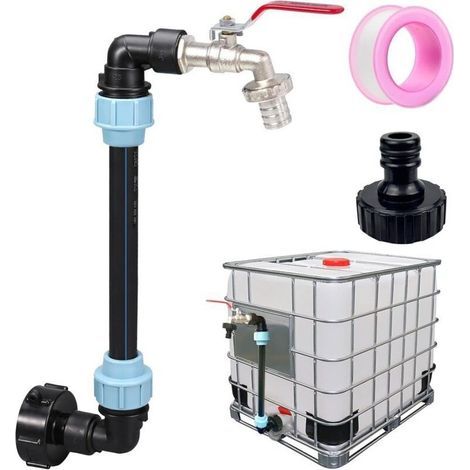Robinet Cuve 1000L, Raccord Cuve 1000 litres, Robinet IBC Col de Cygne de Cuve, Adaptateur de Réservoir IBC Adaptateur Cuve S60x6, Filetage Grossier 3/4'' Raccord Cuve IBC Robinet Kit (1/4)