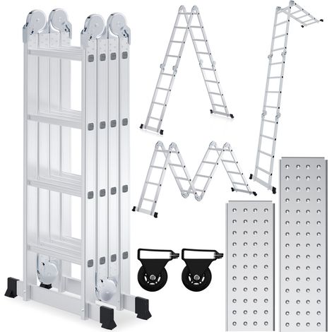 SWANEW Scala multifunzione in alluminio,scala multifunzione 470cm, scala pieghevole 6 in 1 con 2 rotelle e piattaforma, scala multifunzione pieghevole 4 x 4 argento fino a 150KG (1/5)