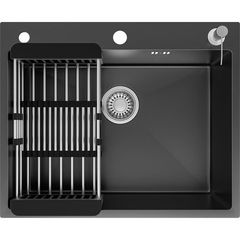 CECIPA MAX 60 x 49 cm Lavello da cucina in acciaio inox, antracite – vasca singola con scolapiatti e dispenser di sapone, grande capacità (1/5)