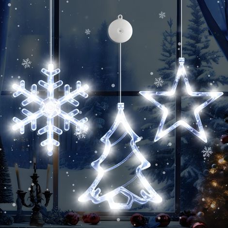 Lot de 3 décorations lumineuses de Noël pour fenêtre : flocons de neige blancs, sapin, étoile. (1/5)