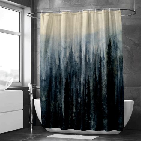 Rideau de douche imprimé brume et sapins – Déco salle de bain nature (1/5)