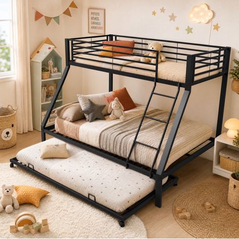 Litera metálica 90x200 y 140x200 cm con cama nido 90x190, 3 plazas para dormir, negro (1/5)