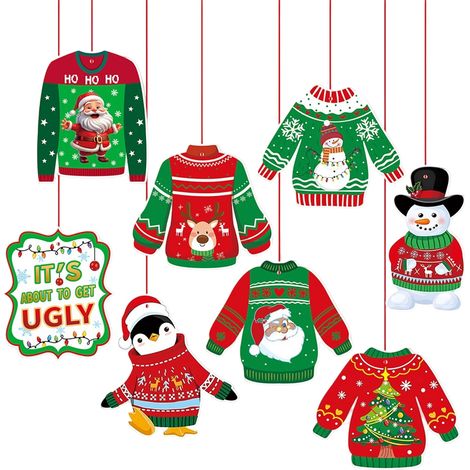 Ornement De Suspension Pull Moche - Motifs Pere Noel Bonhomme De Neige Renne Pingouin Arbre De Noel - Pour Decoration Interieure Fete De Fin D Annee - Lot De 8 (1/5)