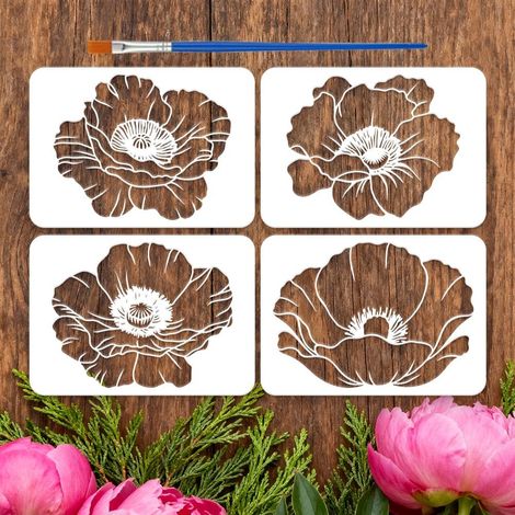 CCYKXA4Pcs Pochoirs Fleur de Coquelicot Avec Un Pinceau 29.7x21cm Modèle Dessin Fleur Coquelicot Simple Pochoirs Décor Végétale Fleurs Sauvages (1/5)
