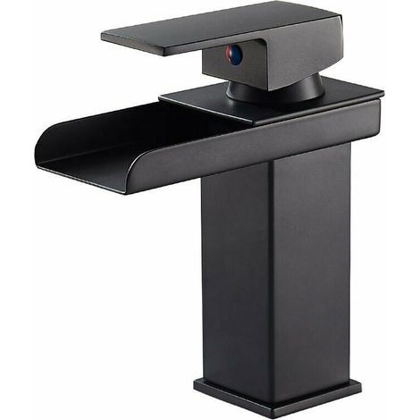 Noir Mat Mitigeur Lavabo Robinet Lavabo Robinet Salle Bain Cascade En Laiton Avec Eau & Froide Chaude Disponible Valve En Céramique Robinet Salle De Bain Design Cascade Concave G 3/8 (1/5)