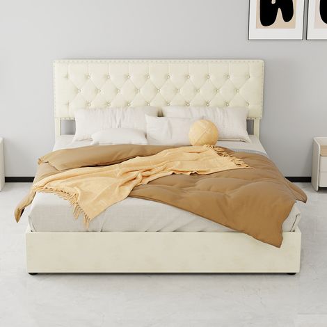 Lit coffre moderne minimaliste 160x200 beige avec tête de lit douce et vérin hydraulique sans matelas