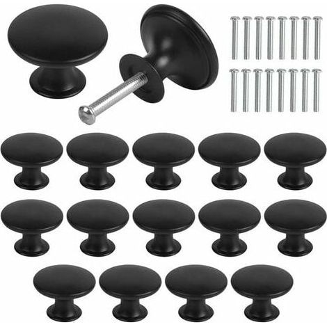 Knob - Zinc Alloy - 30 mm - Round Cabinet Knob - For Kitchen Cabinets Drawer Doors Cupboard Handles - Black - 16 Pieces (1/5)