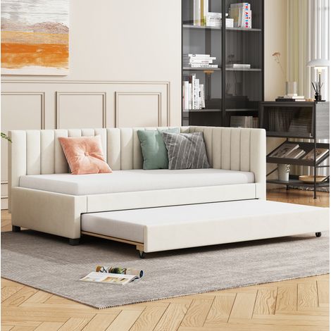 Cama nido tapizada 90x200 con somier beige OKMYHOME (1/5)