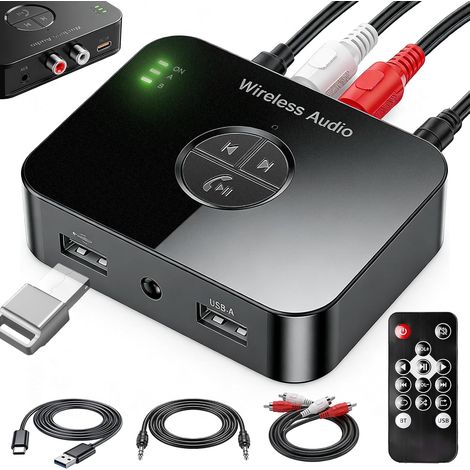 Adaptateur Bluetooth pour chaîne stéréo : adaptateur audio Blue Tooth 6.0, émetteur Bluetooth avec câble RCA auxiliaire 3,5 mm, adaptateur auxiliaire Blue Tooth avec télécommande, émetteur audio avec
