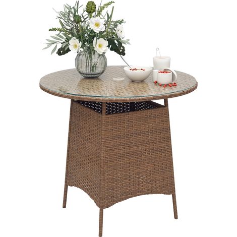 Outsunny Wicker Garden Rattan Table, Patio Furniture Outdoor Coffee Table with Umbrella Hole and Tempered Glass Top, Brown