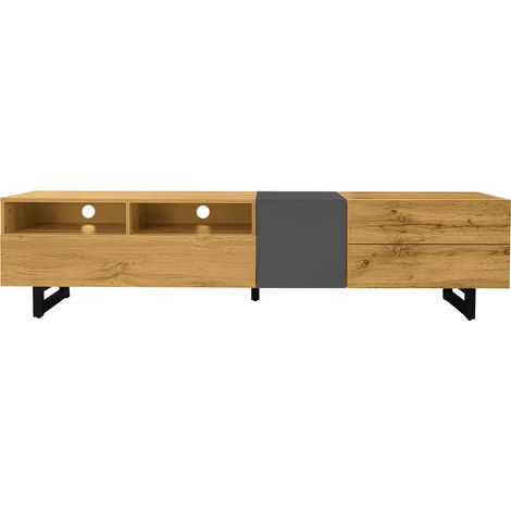 Zweifarbige TV-Kommode 170 cm mit 3 Türen, 2 offenen Fächern und schwarzen Metallbeinen (1/5)