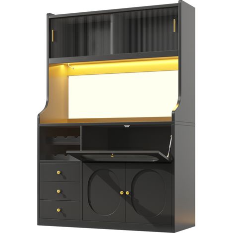 Credenza cucina alta 120 cm nera con LED RGB, ante scorrevoli in vetro e 3 cassetti (1/5)