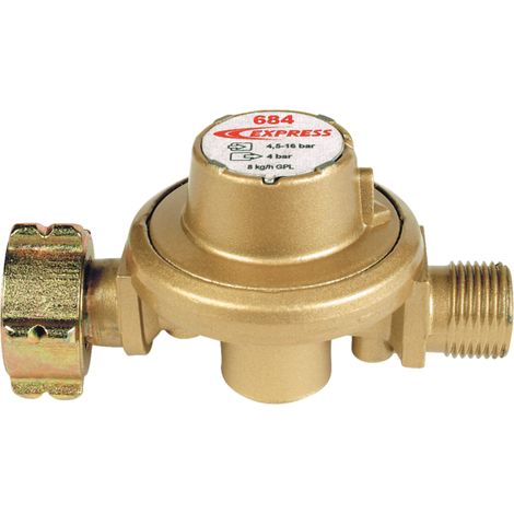 Détendeur de gaz propane fixe 4 bars – Débit 12 kg/h – Sortie filetée 3/8e gauche – Entrée écrou 21,8 mm – 684