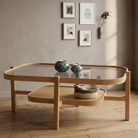 Tavolino da Salotto Sorbolo, un Vano, Piano in Vetro Temperato, Forma Rettangolare, 110x70x48h cm Marrone Rovere (1/4)