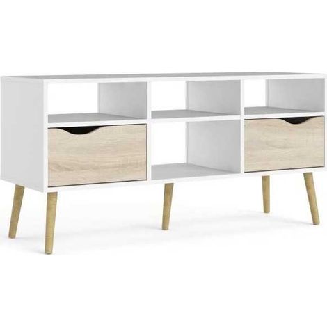 Meuble TV - 4 niches 2 tiroirs - Blanc / Chene - 117,2 x 39,1 x 57,4 cm - TVILUM
