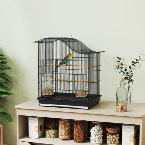 Cage à oiseaux 4 portes avec 2 gamelles, 2 perchoirs et un plateau, métal et plastique, 47,5 x 36 x 54,5 cm, noire (1/5)