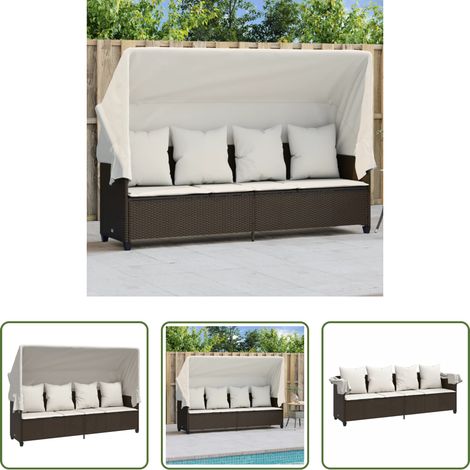 Bain de soleil avec auvent - Chaise longue avec auvent et coussins marron résine tressée (1/5)