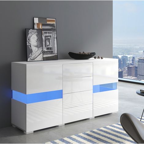 Mueble TV blanco brillante 140 x 35 x 72 cm con LED 16 colores, MDF DESVIAE (1/5)