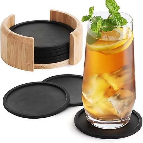 Dessous de verre ronds en silicone - lot de 8 avec boîte - dessous de verre noir design pour boissons, (1/5)