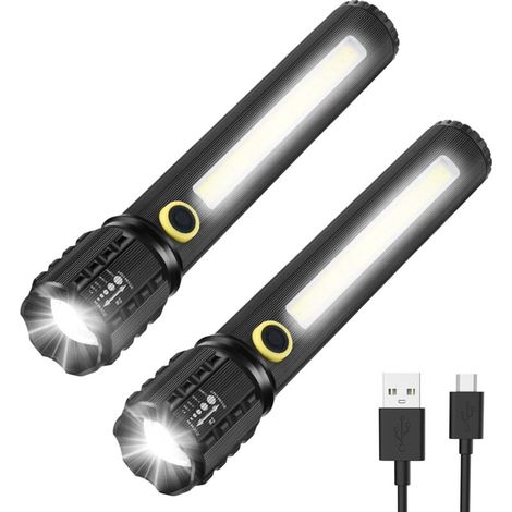 LED Flashlight, 2 Pack Flashlights, Bright Adjustable and Zoomable Flashlights, Emergency Rechargeable LED Flashlight, 16cm