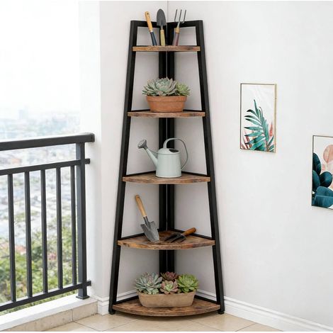 Meuble rangement d'angle 5 niveaux métal bois noir OKMYHOME (1/5)