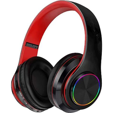 Casque stéréo sans fil haute fidélité avec 52 heures d'autonomie, design pliable, oreillettes douces en similicuir protéiné et microphone intégré - Mode filaire, pour PC/téléphone (noir/rouge) (1/3)
