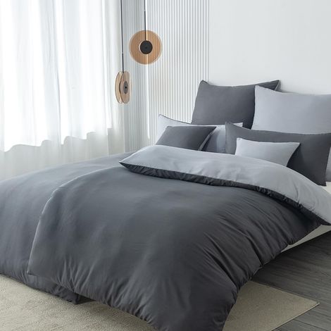 Parure de lit 135x200 6 pièces Anthracite/Gris Ensemble de linge de lit en microfibre parure de lit reversible 135 x 200 6 pièces, douce et sans repassage Housse de couette 2 pièces + Taie (1/5)