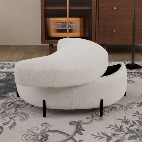 Tabouret de rangement en forme de croissant recouvert de sherpa avec plateau, servant de table d'appoint, de siège rembourré, de tabouret à chaussures et de repose-pieds pour le salon, l'entrée et le (1/5)
