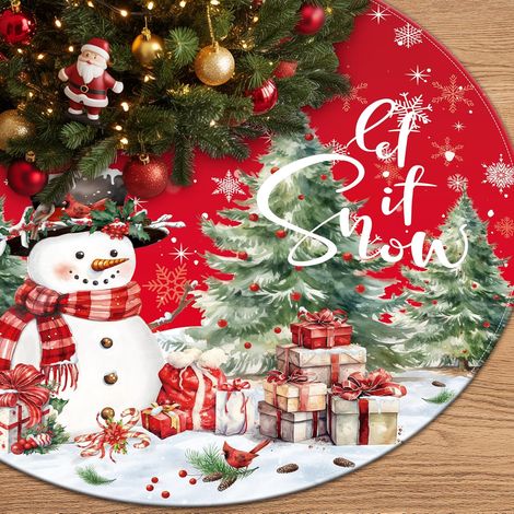 Falda para árbol de Navidad con diseño de muñeco de nieve, 120 cm, adornos navideños rojos, lindos adornos vintage para árbol de Navidad con copos de nieve. (1/4)