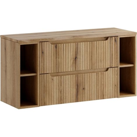 Badezimmer-Set VANO in heller Eiche 120cm: Unterschränke mit Schubladen und offenen Fächern + Platte für Waschbecken