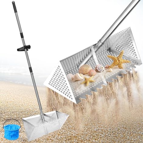 Rastrello da sabbia in acciaio inox - Setaccio da spiaggia con grande cestello a denti di squalo da 20×40 cm, setaccio staccabile con manico lungo per la spiaggia (1/5)