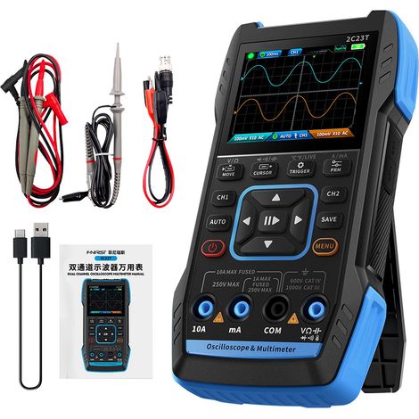 Oscilloscope Multimètre 3 en 1 Oscilloscope USB Oscilloscope 2 canaux 10 MHz Bande passante 50 MSa/s Taux d'échantillonnage 9999 comptes avec sonde Pince crocodile rouge noire Stylo multimètre (1/5)