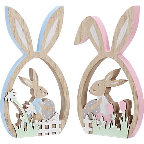 Ensemble de décorations de Pâques 2 pièces : Lapin rustique en bois avec plateau à œufs - Cadeau de Pâques pour enfants (1/5)